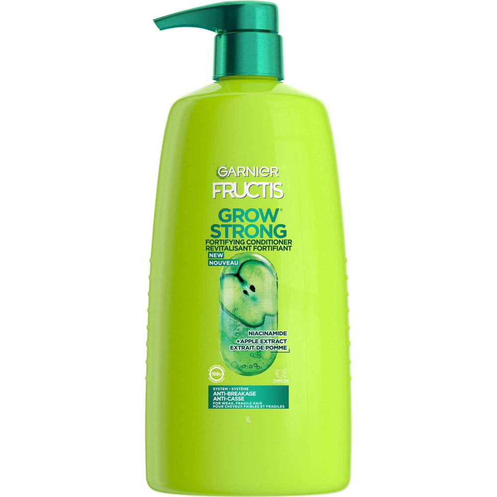 Garnier Fructis front packaging 33.8 fl oz showing bottle and label, highlights long-lasting supply
