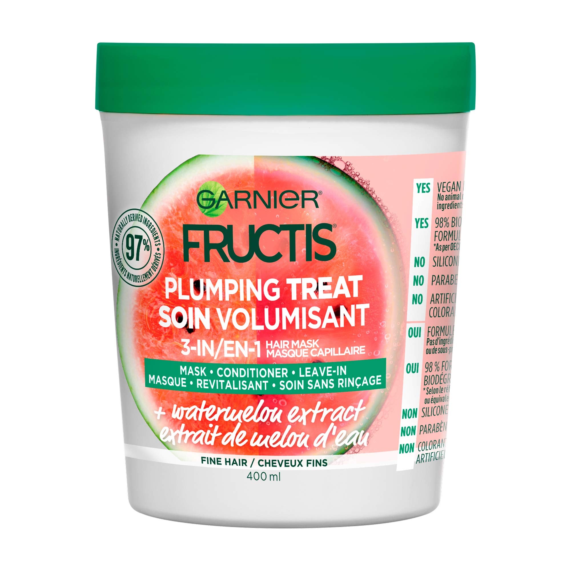 Garnier Fructis jar front view showing watermelon extract and volumizing benefit