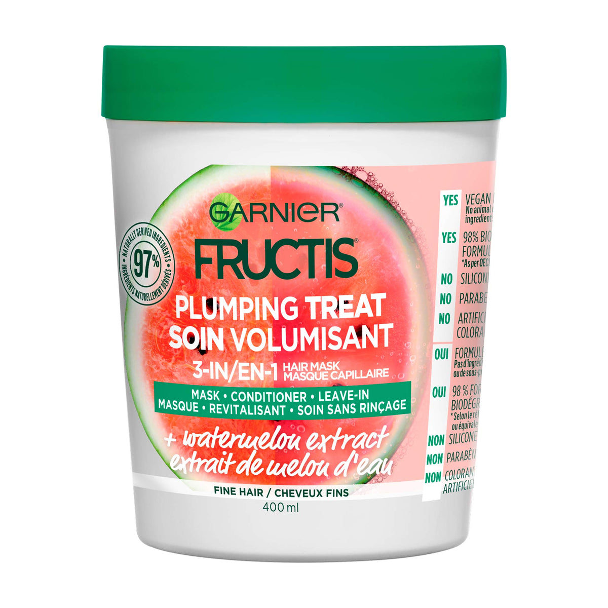 Garnier Fructis jar front view showing watermelon extract and volumizing benefit