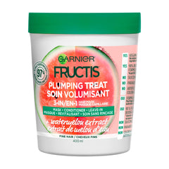 Garnier Fructis jar front view showing watermelon extract and volumizing benefit