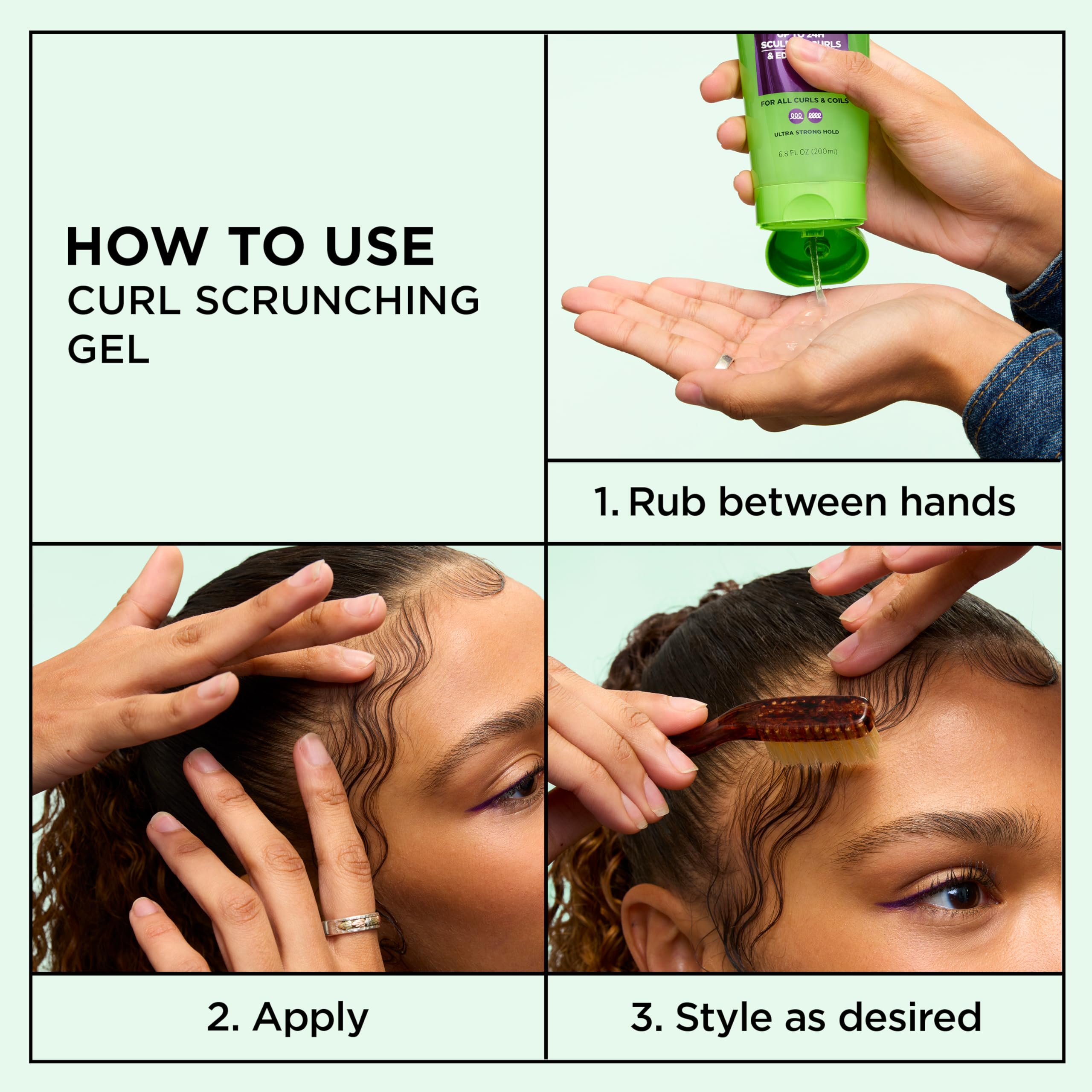 Garnier Fructis used with prayer-hands to smooth and define curls