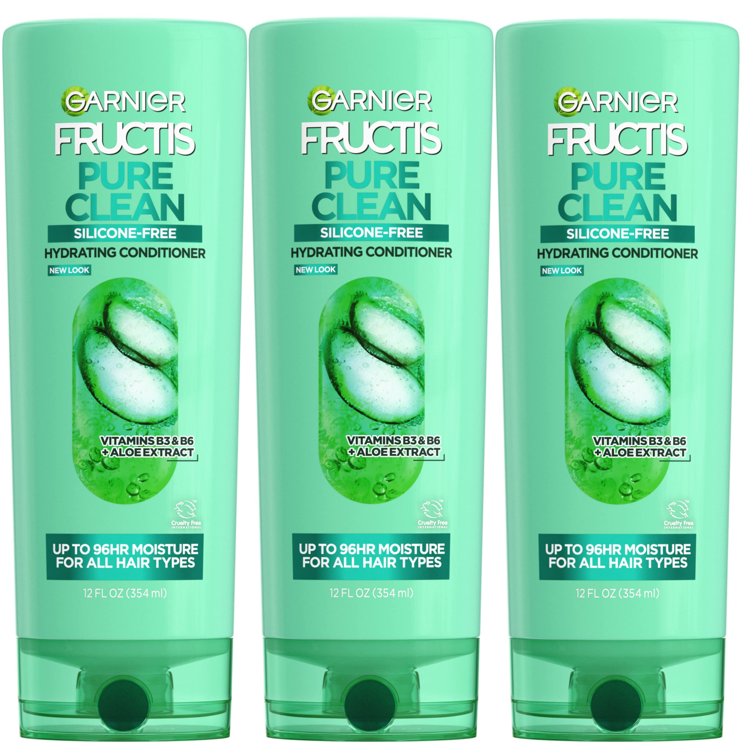 Garnier Fructis front packaging showing three 12 fl oz bottles and recycled plastic benefit