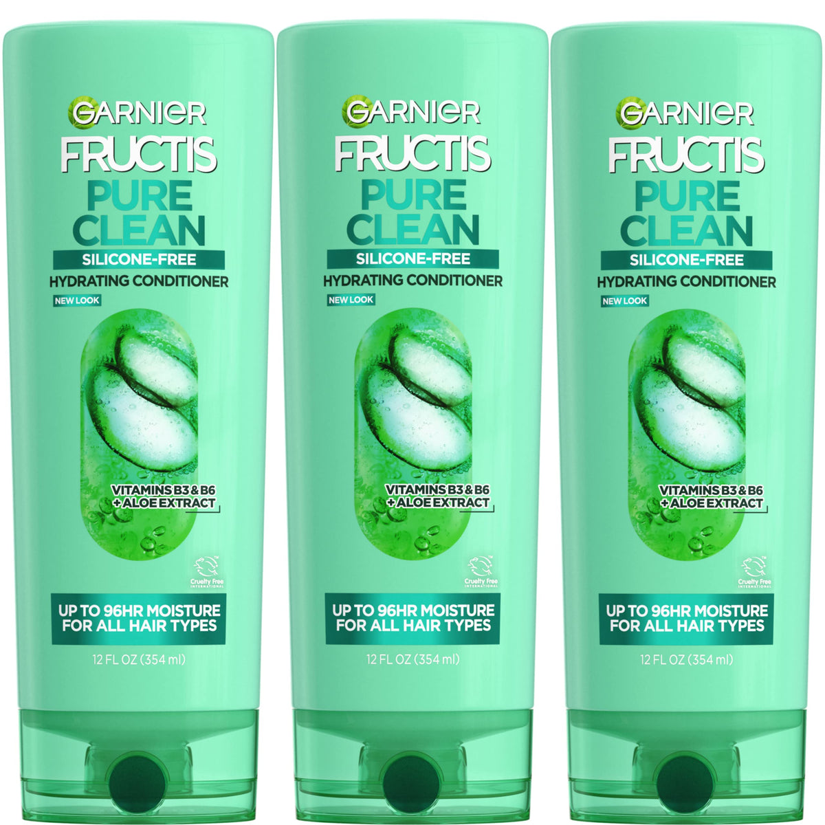 Garnier Fructis front packaging showing three 12 fl oz bottles and recycled plastic benefit