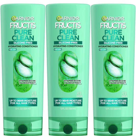 Garnier Fructis front packaging showing three 12 fl oz bottles and recycled plastic benefit
