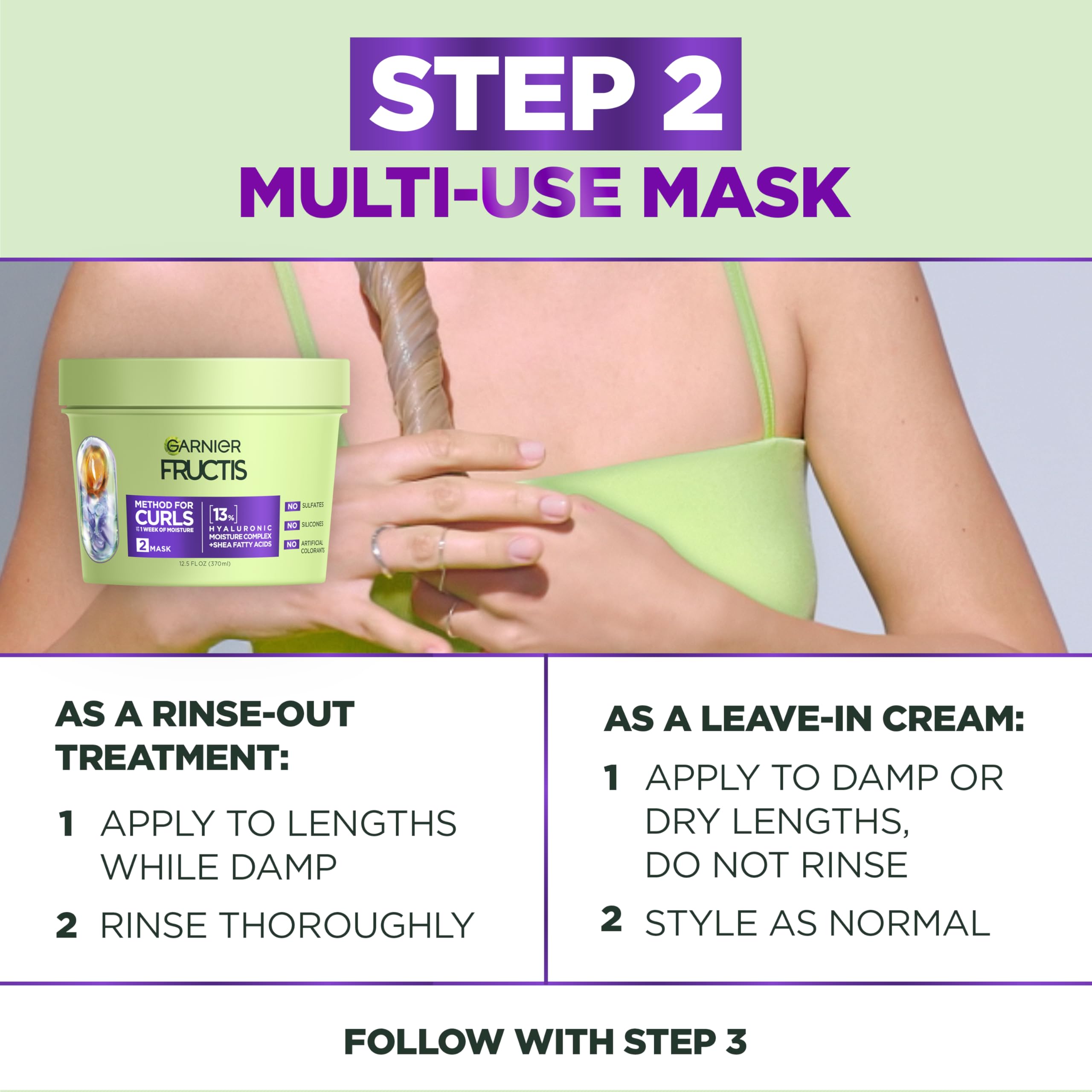 Garnier Fructis with mask and spray illustrating full curl routine