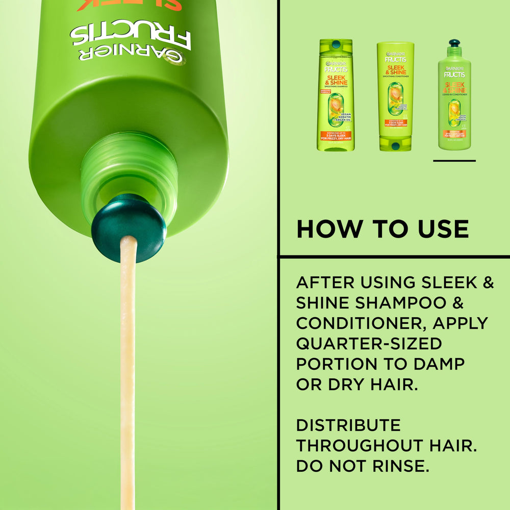 Close-up Garnier Fructis cap and label displaying product details and application tips