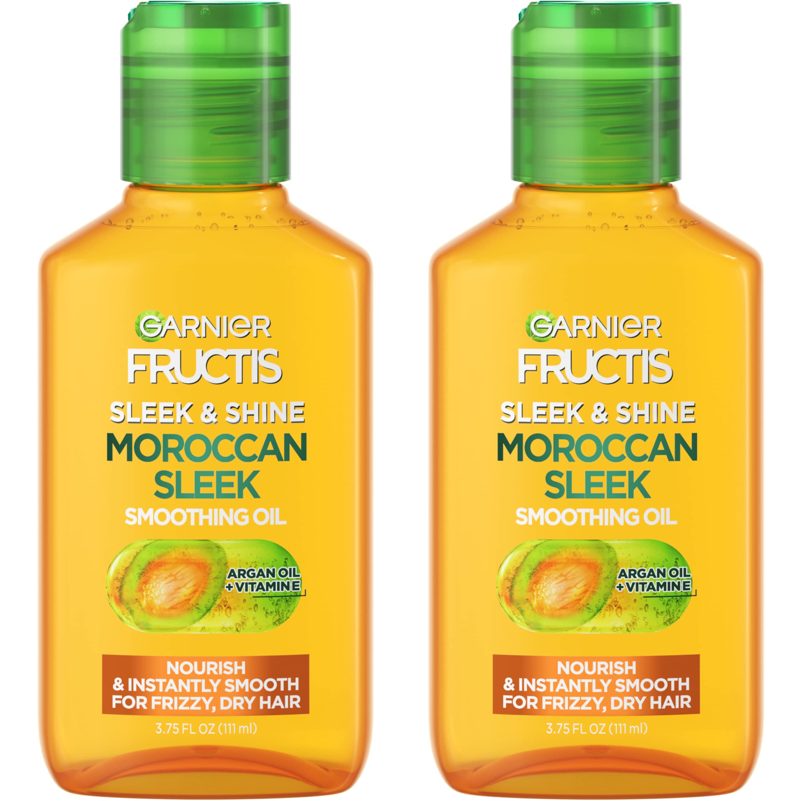 Garnier Fructis sleek & shine front packaging showing dual bottles and labeling, clear benefit of supply