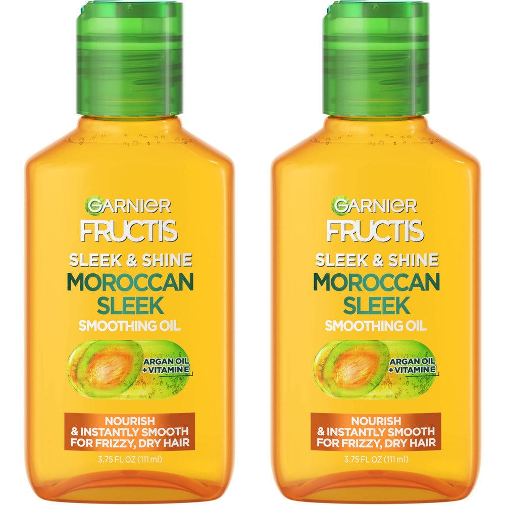 Garnier Fructis sleek & shine front packaging showing dual bottles and labeling, clear benefit of supply