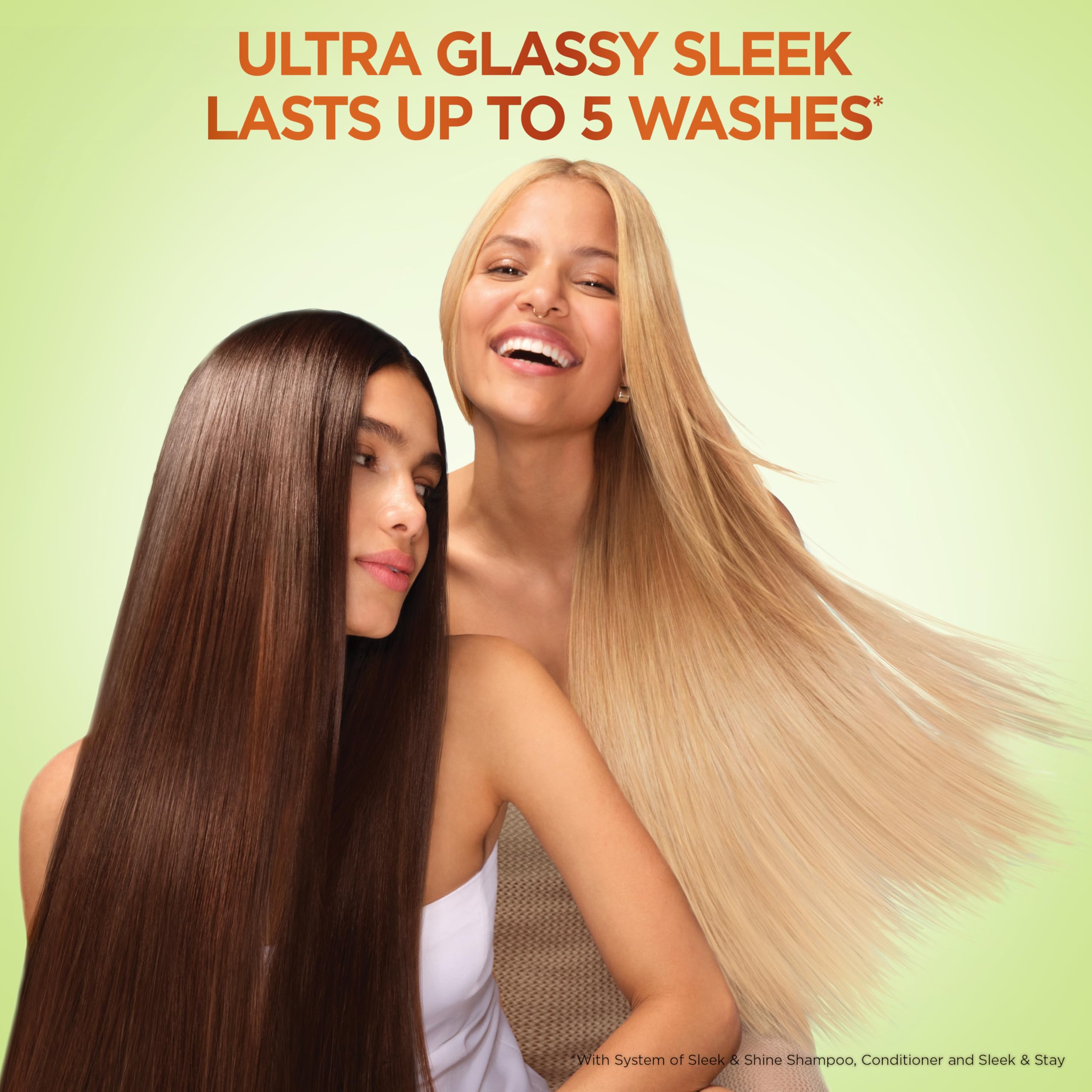Garnier-styled hair after use showing smooth, shiny, frizz-controlled results