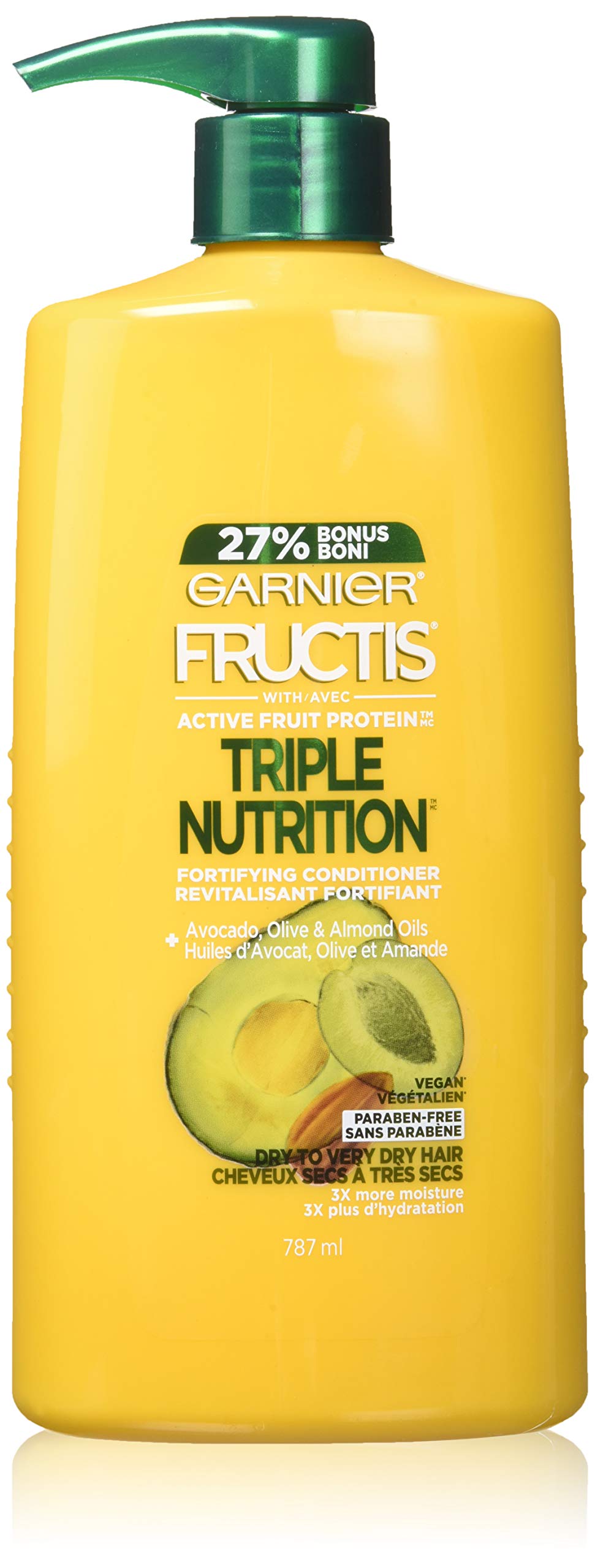 Garnier Fructis bottle front view showing label and large 787ml size benefit