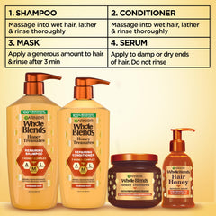 Garnier recycled bottle badge closeup highlighting 100% recycled plastic benefit for eco-conscious buyers