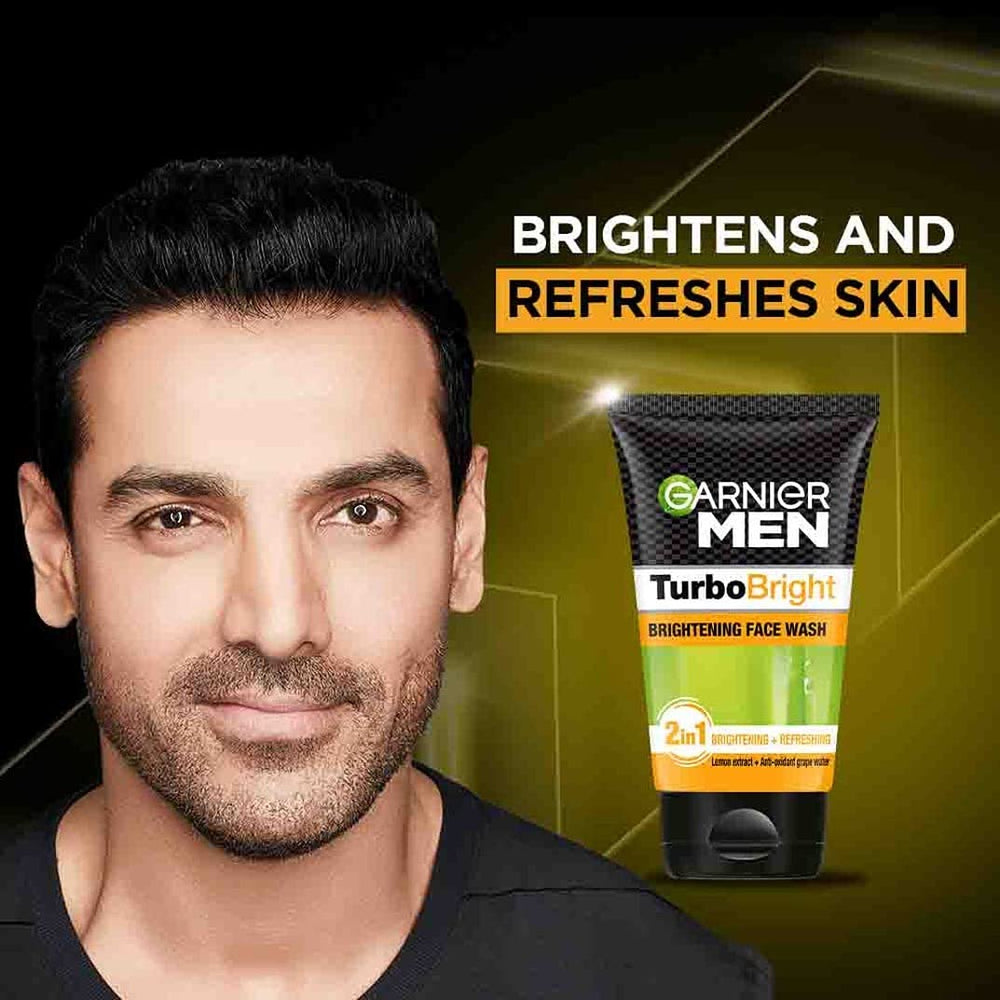 Garnier men TurboBright close-up label showing key ingredients and benefits