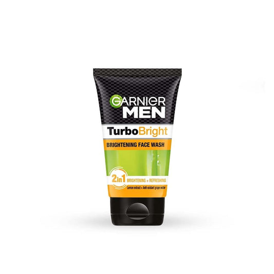 Garnier men TurboBright front tube showing branding and size, clear product info