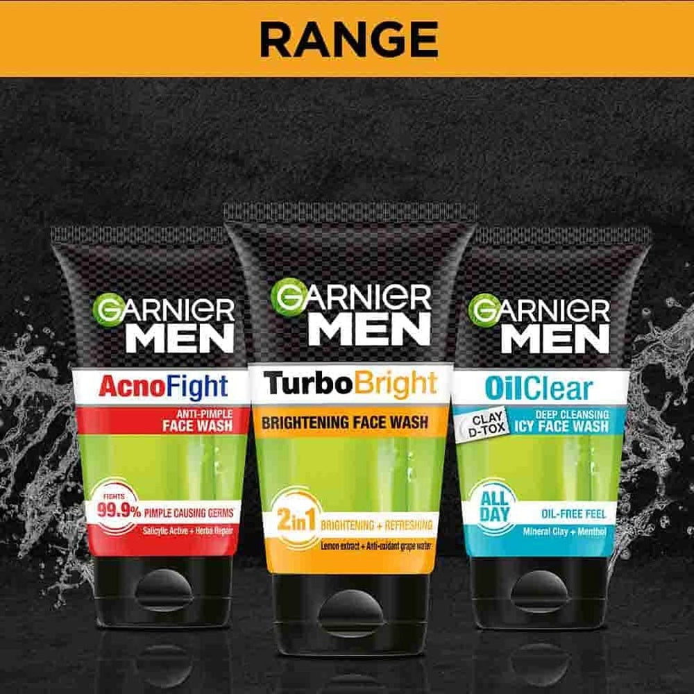 Garnier men TurboBright placed beside sink in bathroom routine setting