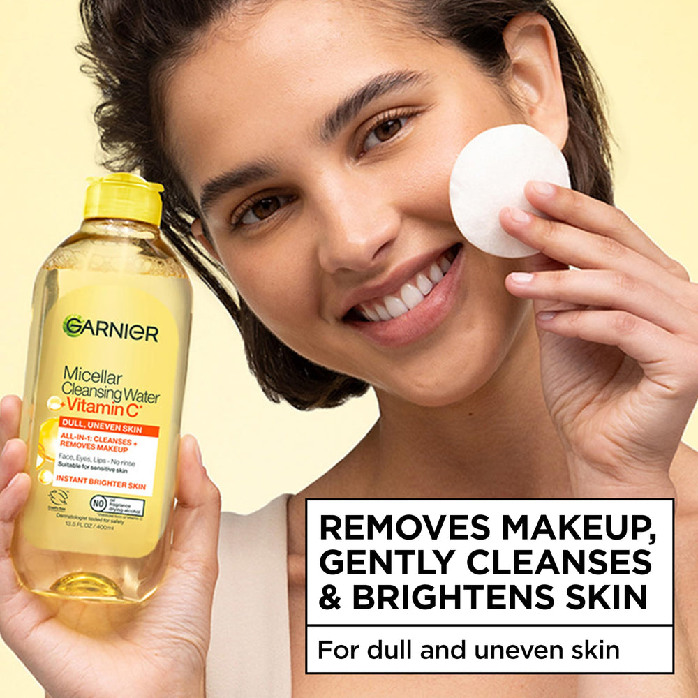 Garnier micellar water poured to show clear texture and gentle cleanse