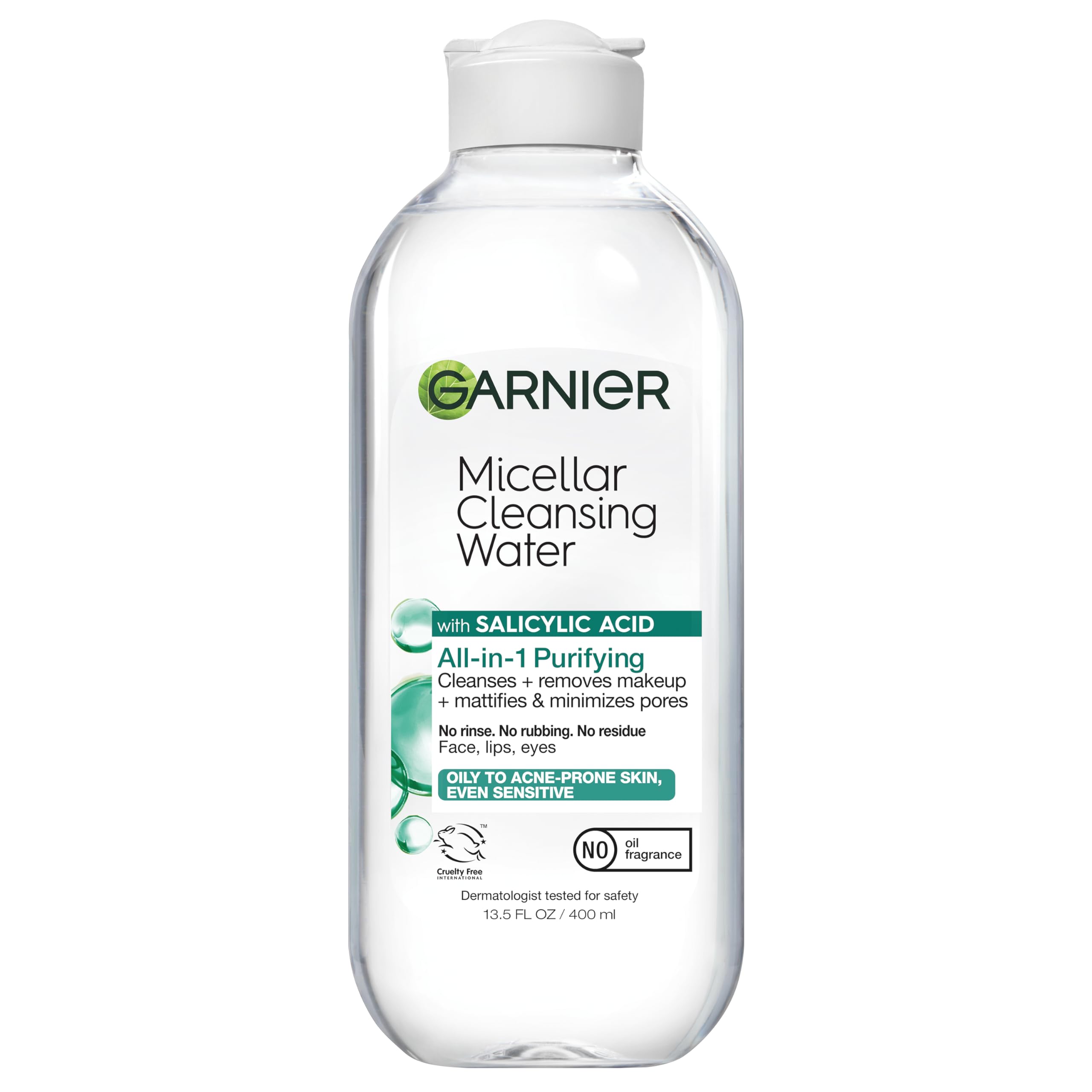 Garnier micellar water front bottle showing clear formula and branding, portable and convenient