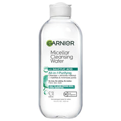 Garnier micellar water front bottle showing clear formula and branding, portable and convenient