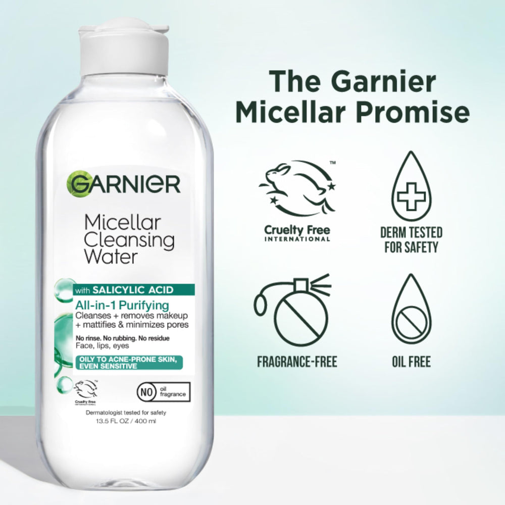 Garnier micellar water removing makeup on model to show effective, gentle cleansing