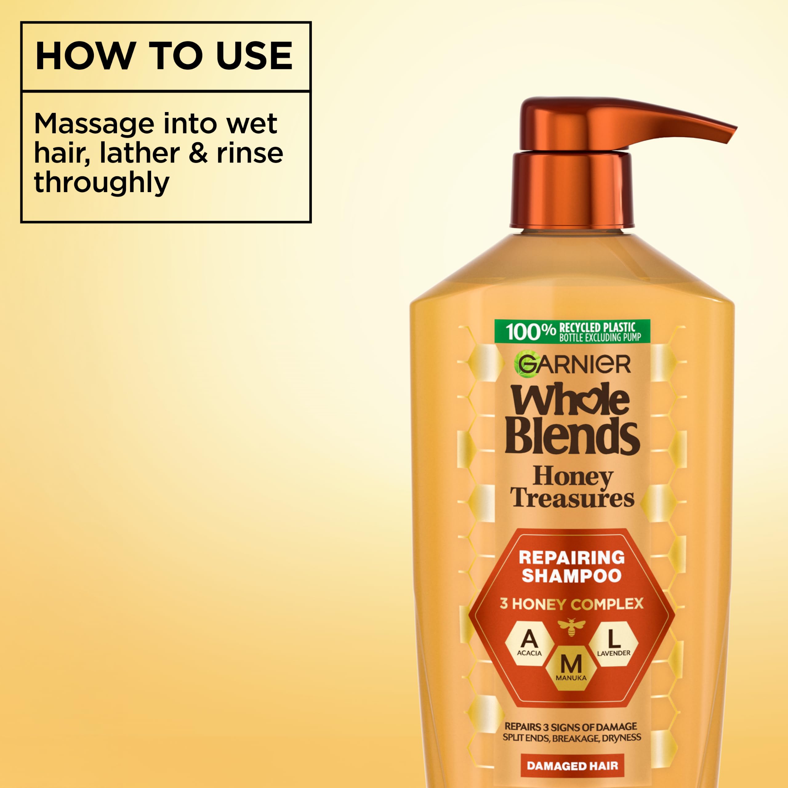 Garnier bottle next to hand to show 28 fl oz size and scale