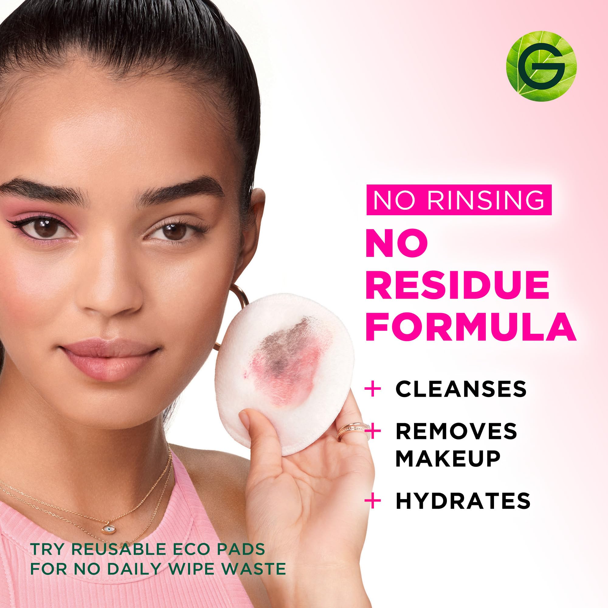 Garnier on cotton pad demonstrating quick makeup removal without rinsing