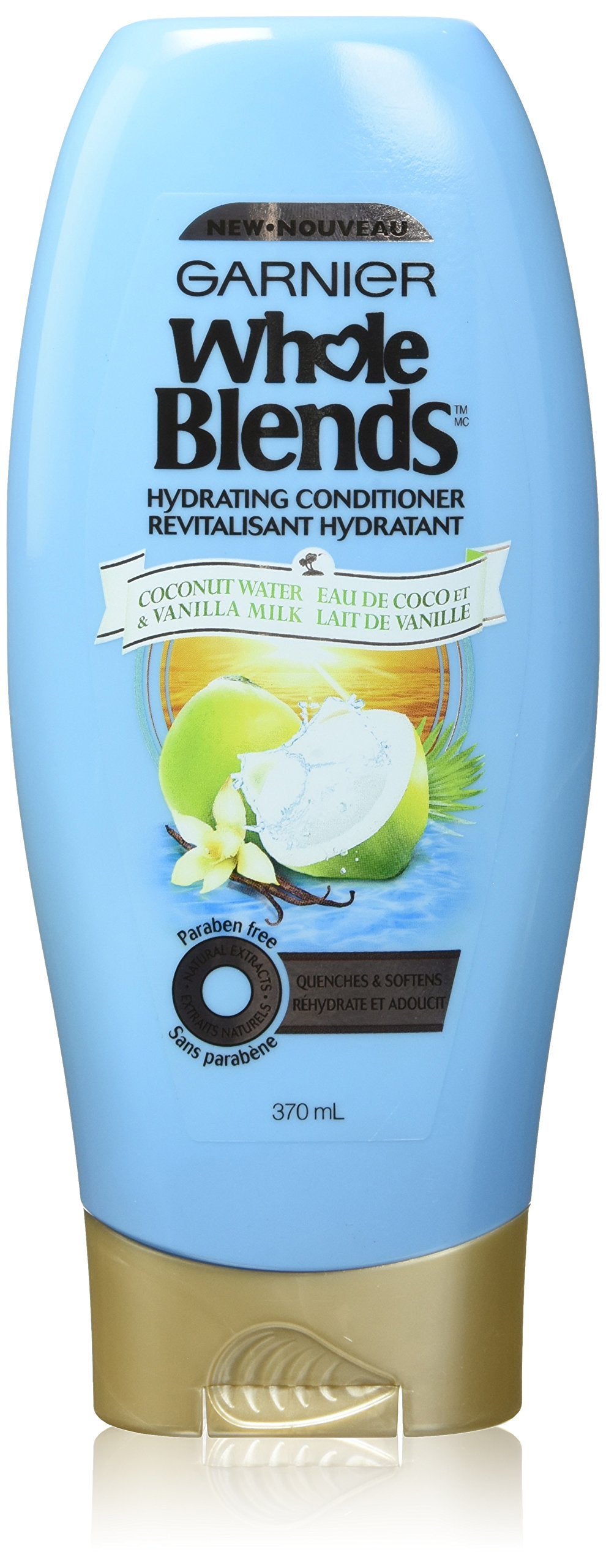Garnier bottle front packaging showing coconut and vanilla for lightweight hydration