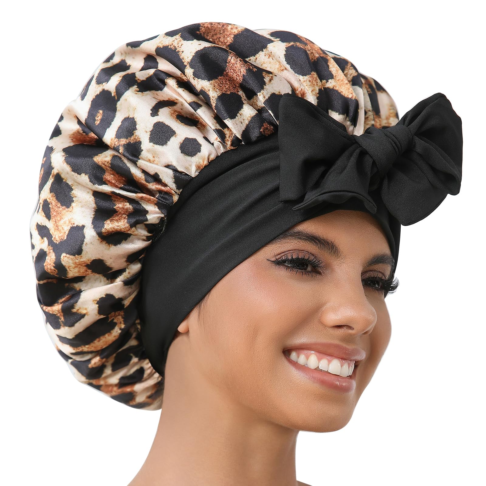 GDTOGRT front view leopard-black bonnet showing stylish reversible design and protection