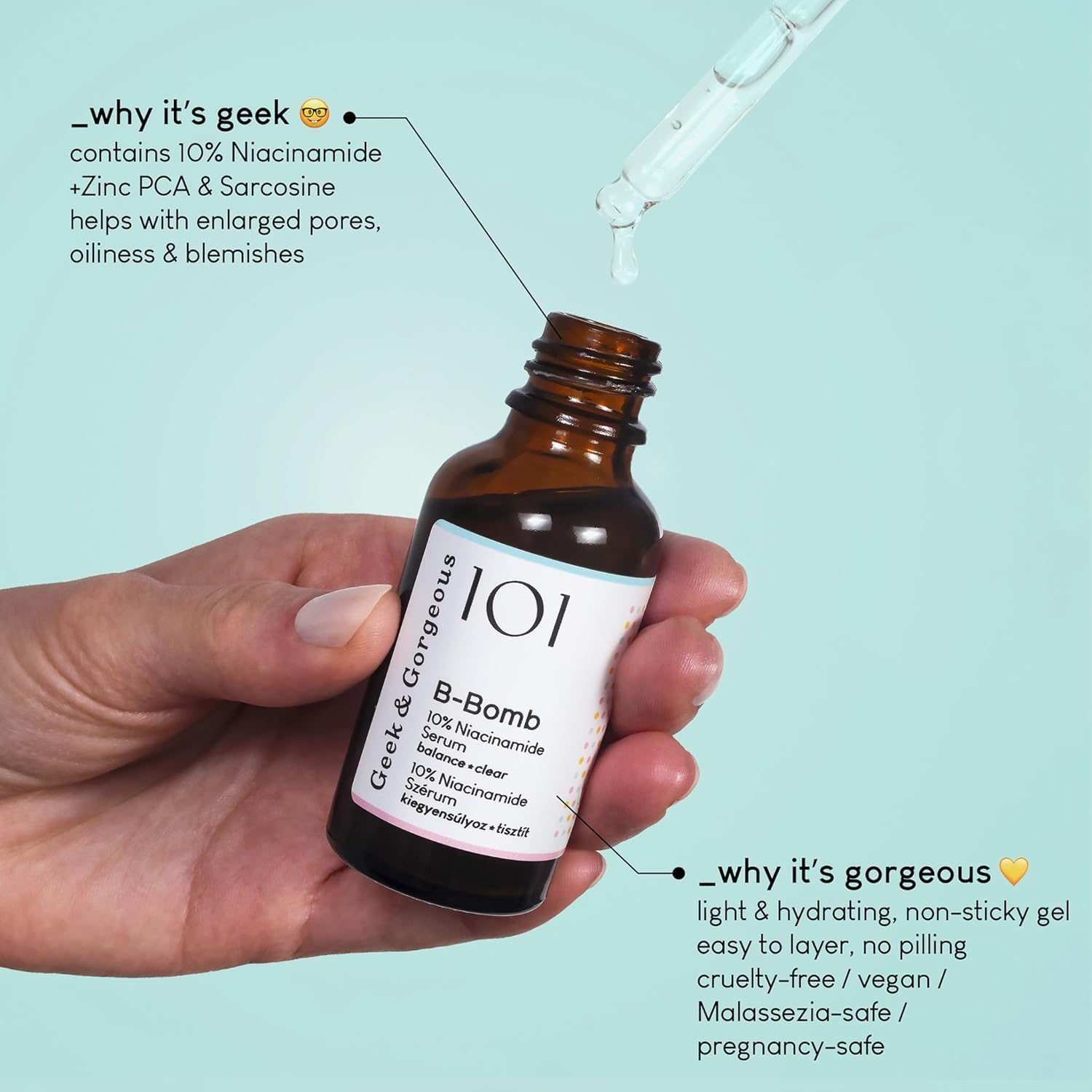 Geek & Gorgeous close-up of lightweight serum texture and absorption