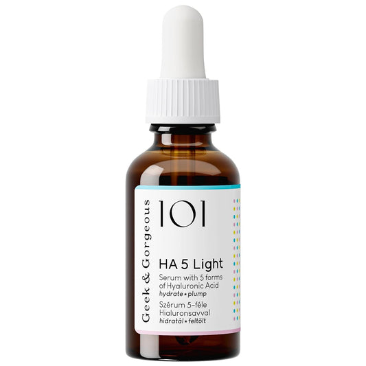 Geek & Gorgeous HA 5 Light front bottle shows compact serum design and travel-ready packaging
