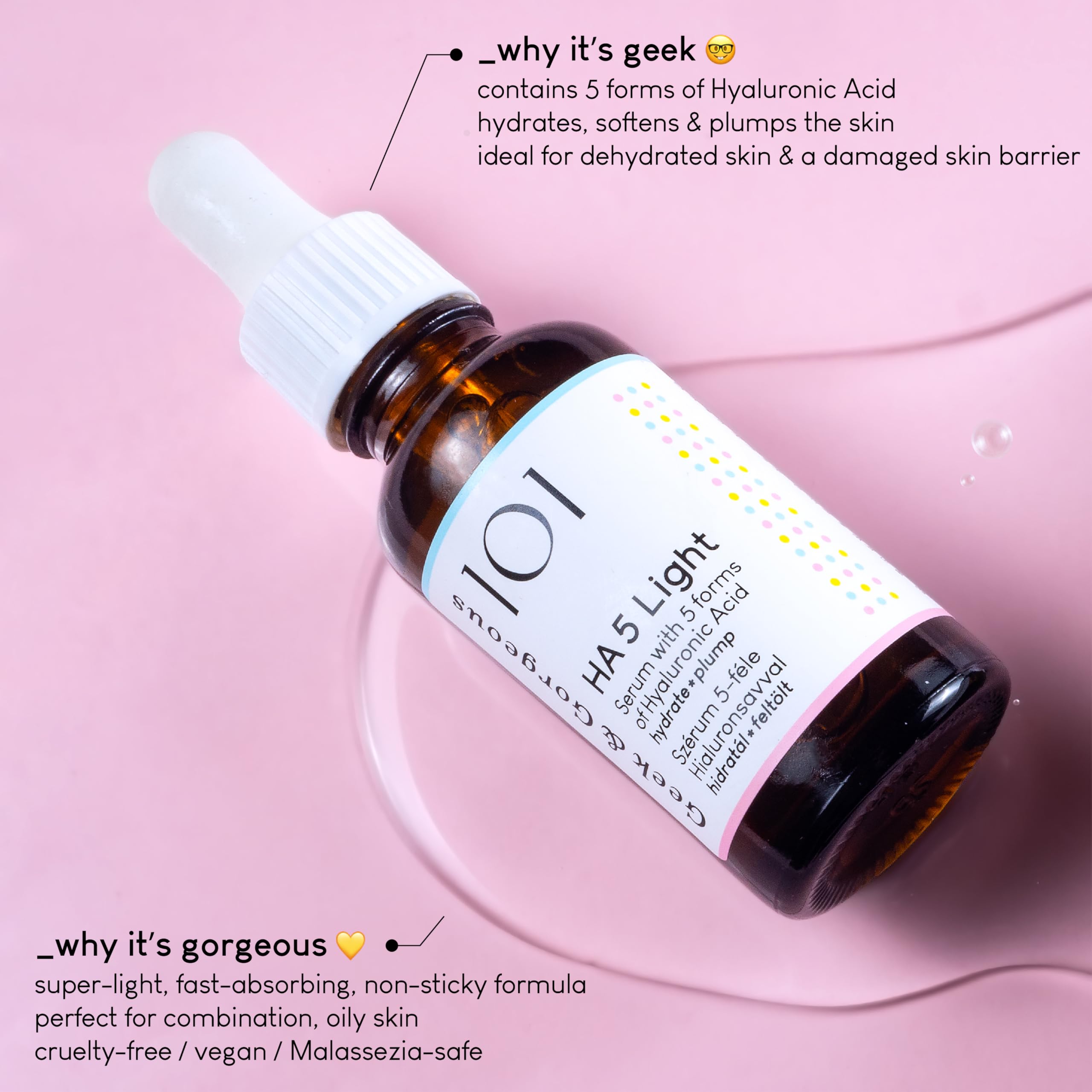 Geek & Gorgeous HA 5 Light label and ingredients view highlighting clean, minimalist formula