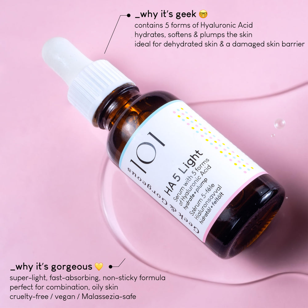 Geek & Gorgeous HA 5 Light label and ingredients view highlighting clean, minimalist formula