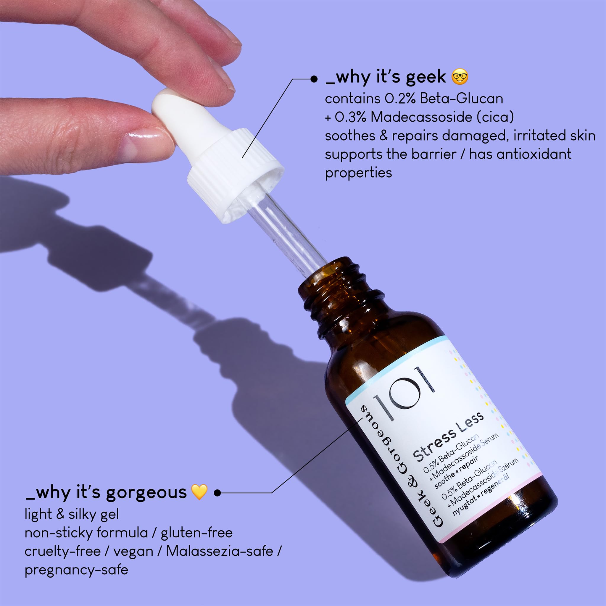 Geek & Gorgeous dropper dispensing precise serum dose for easy use