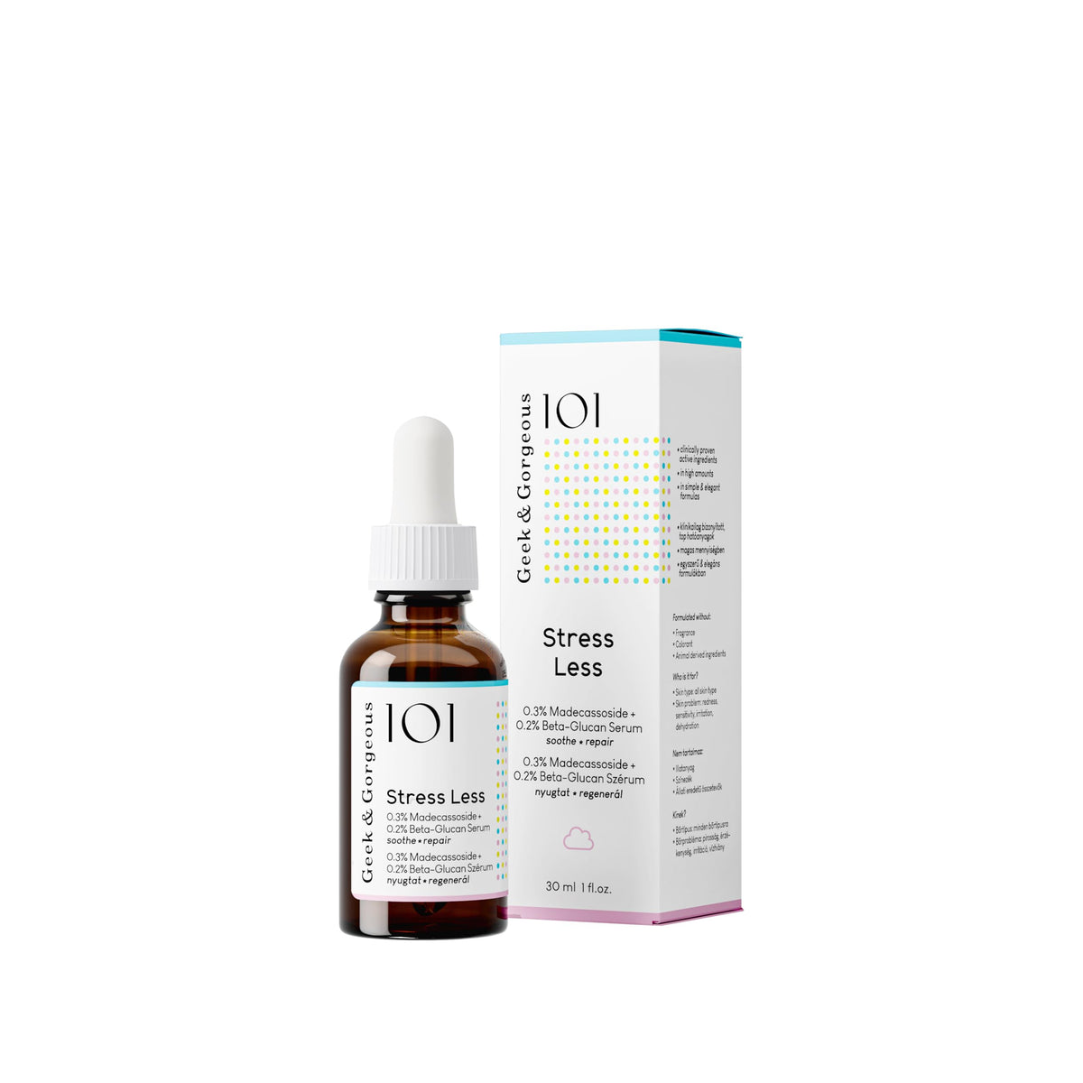 Geek & Gorgeous front bottle showing calming gel serum and brand