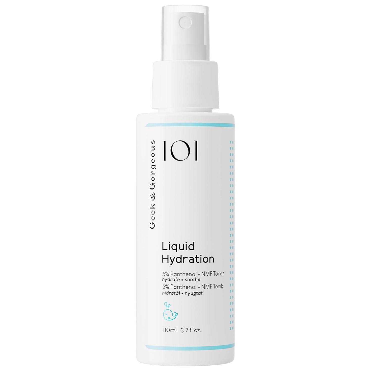 Geek & Gorgeous front bottle view showing clean minimalist packaging and hydration benefit