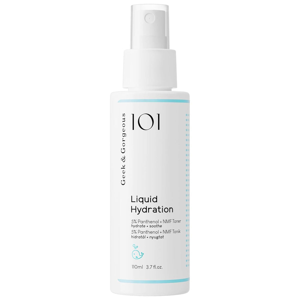 Geek & Gorgeous front bottle view showing clean minimalist packaging and hydration benefit