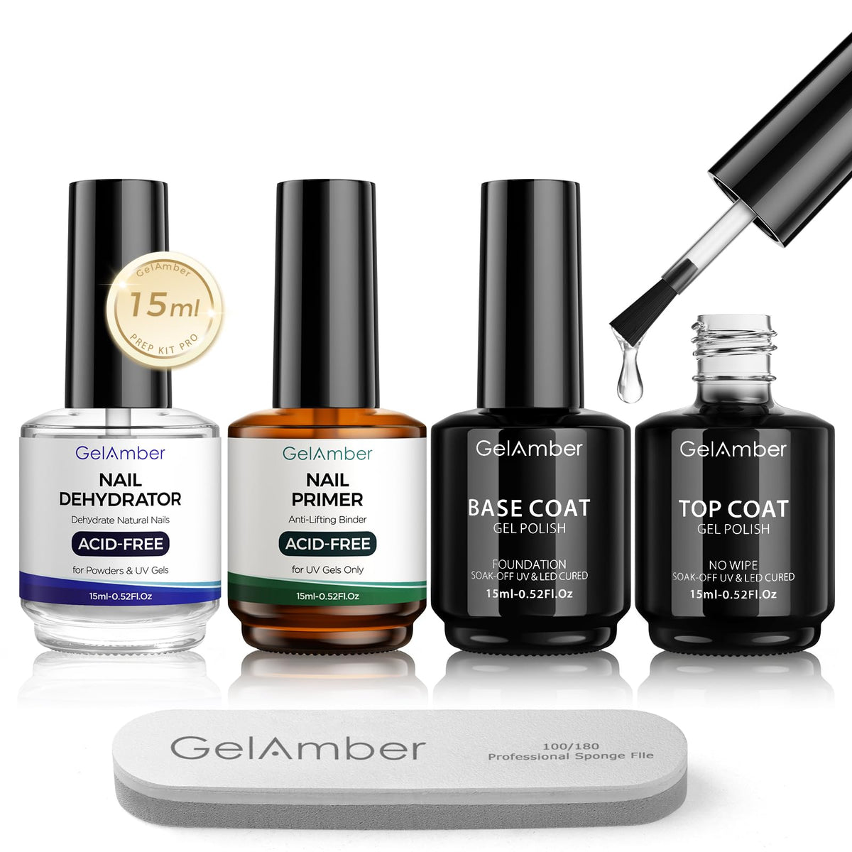 GELAMBER front packaging showing all four 15ml bottles and nail file, clear benefit