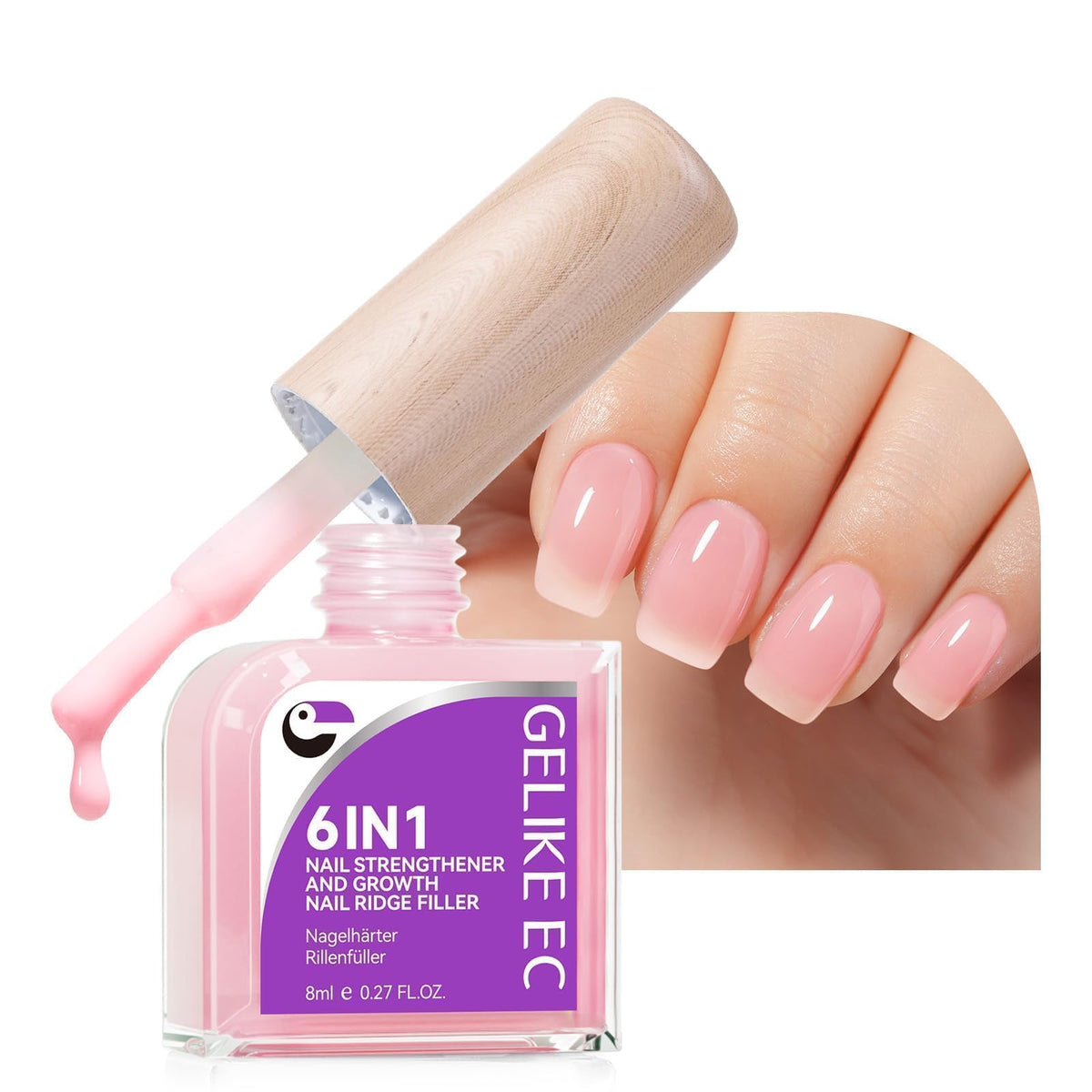 gelike ec front bottle pink showing compact six-in-one benefits