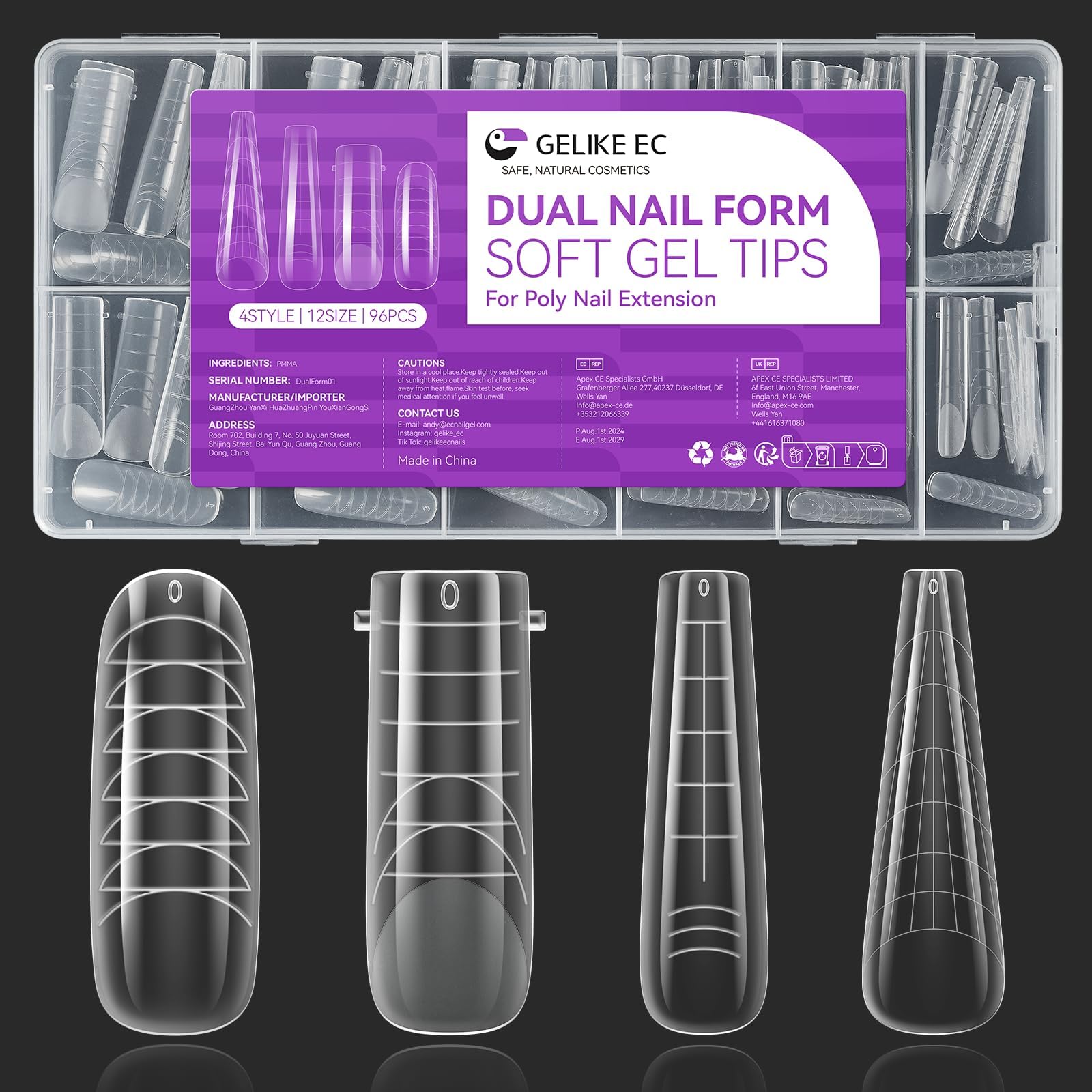 gelike ec front packaging showing 96 color-coded dual forms, neat organization benefit