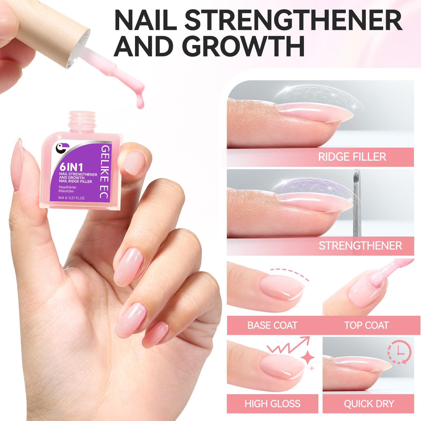 gelike ec soft pink swatch on nail to demonstrate subtle natural tint and coverage