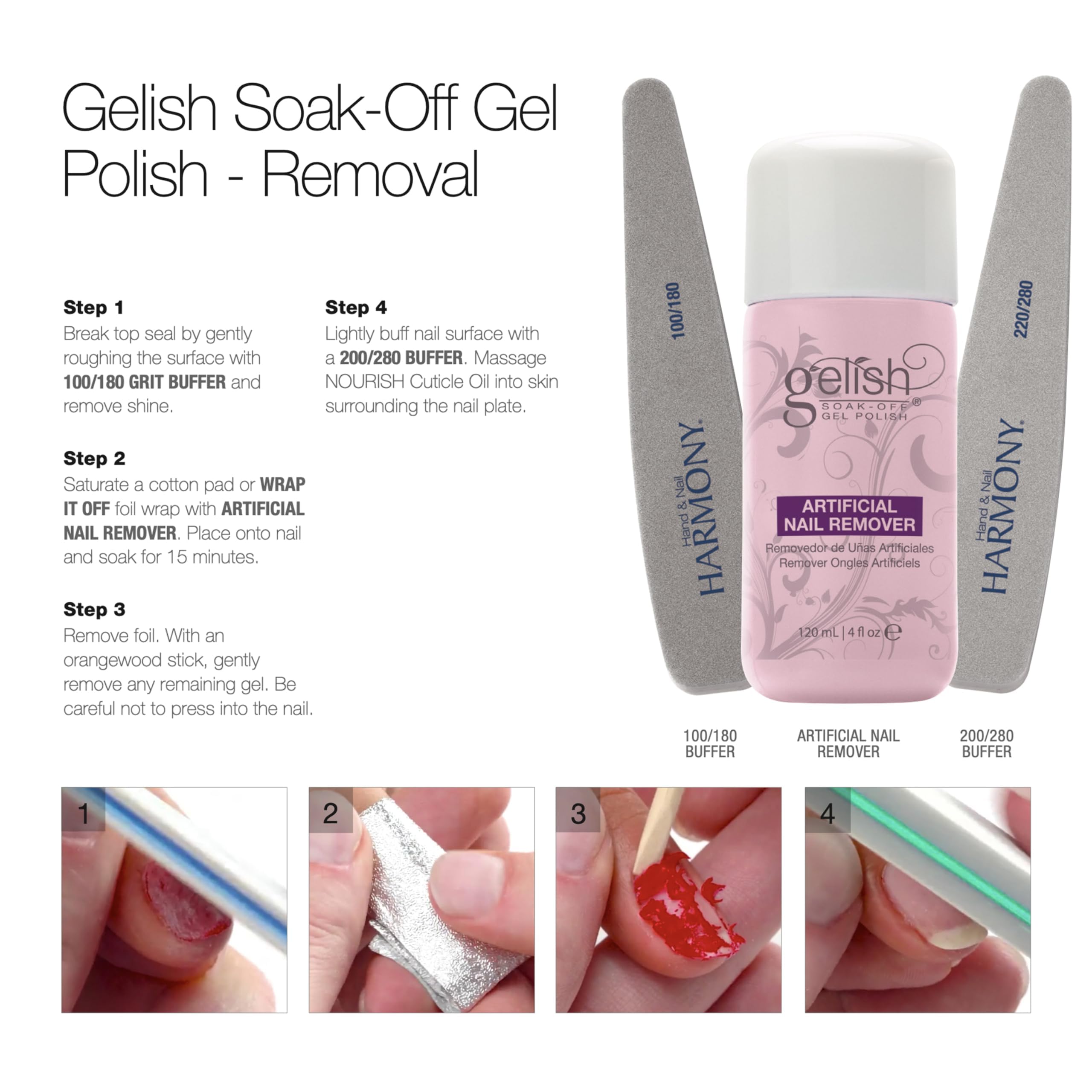 Gelish remover in use with soaked cotton and foil demonstrating efficient removal