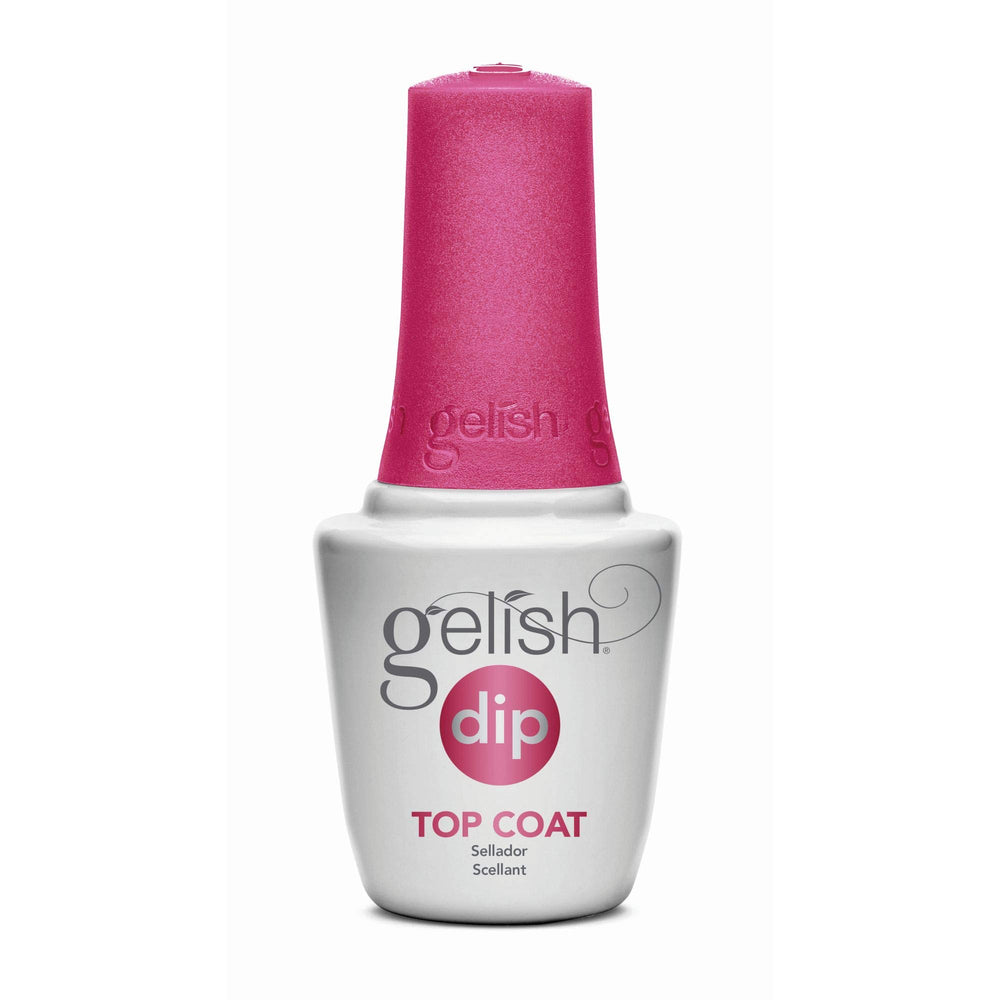 Gelish dip top coat front packaging showing bottle and label for glossy finish
