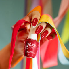 Close-up of Gelish Hot Rod Red gel texture highlighting rich color and gloss