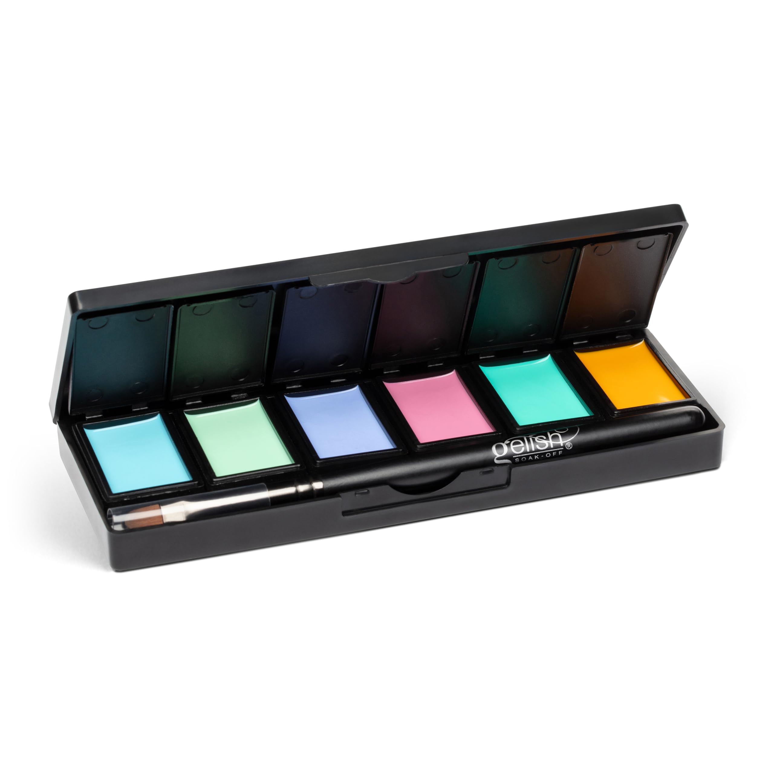 Gelish front packaging of Pretty Pastels palette showing six colors and brush for convenient use