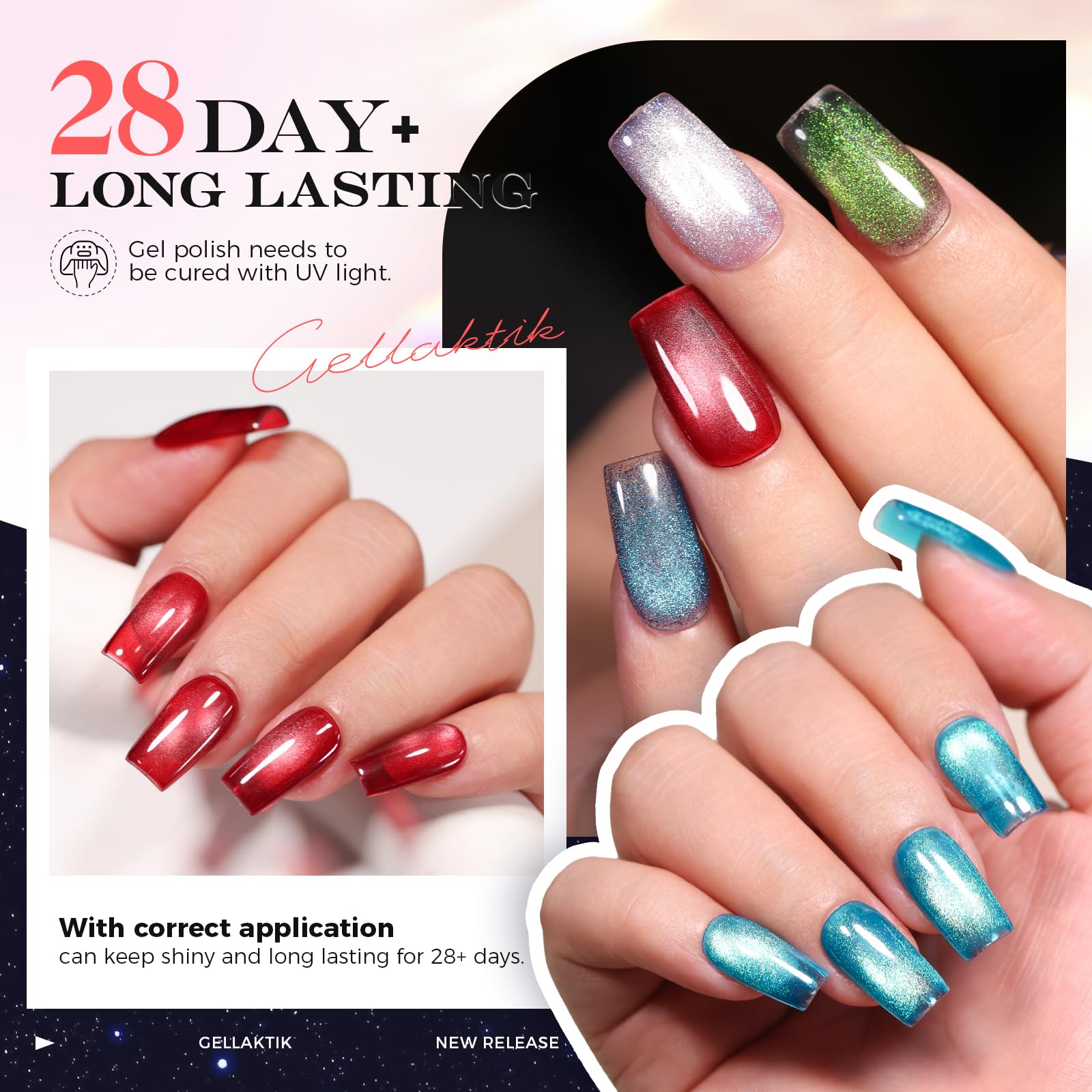 GELLAKTIK cat eye effect on nail displaying sharp reflective band