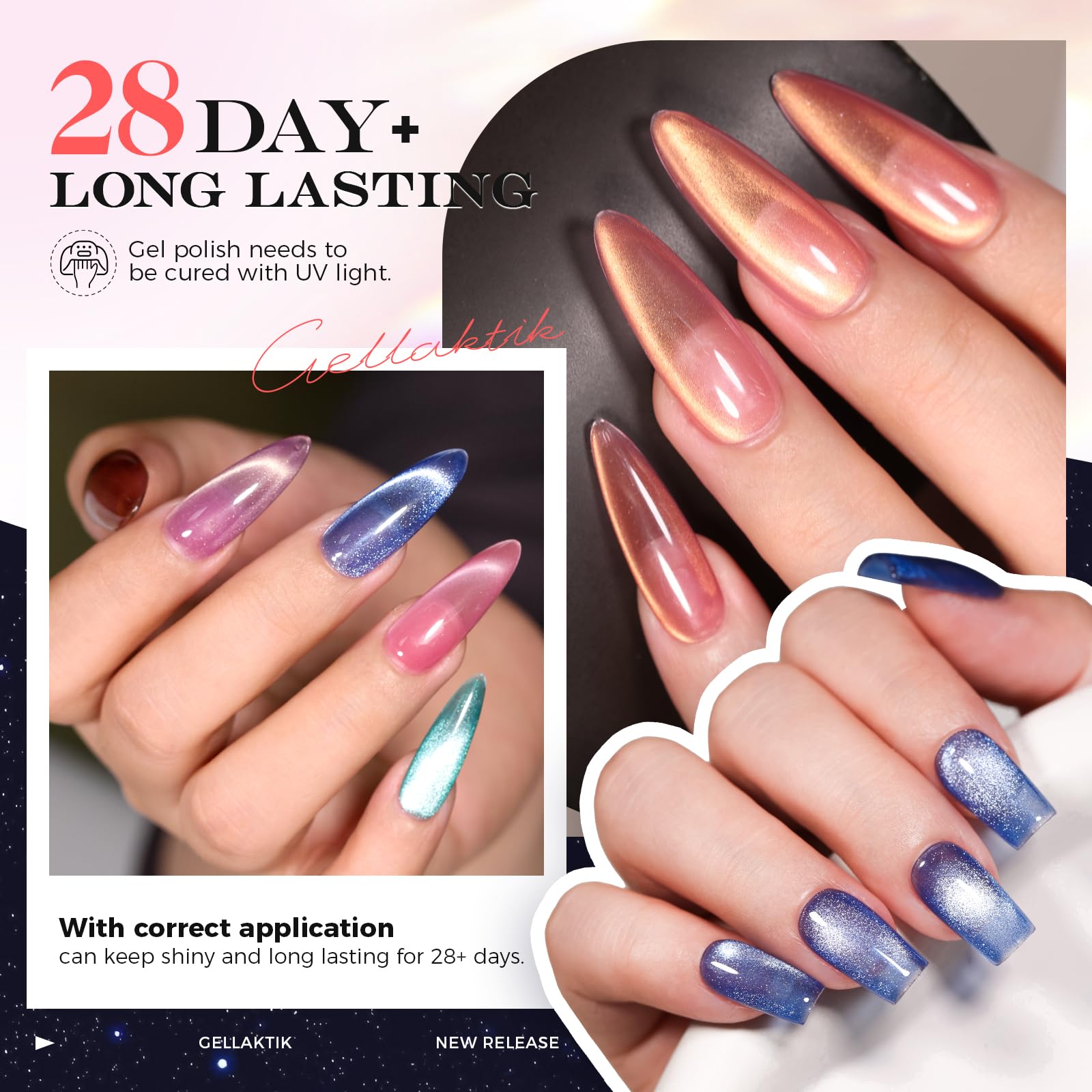 GELLAKTIK cat eye effect on a single nail showing sharp reflective line