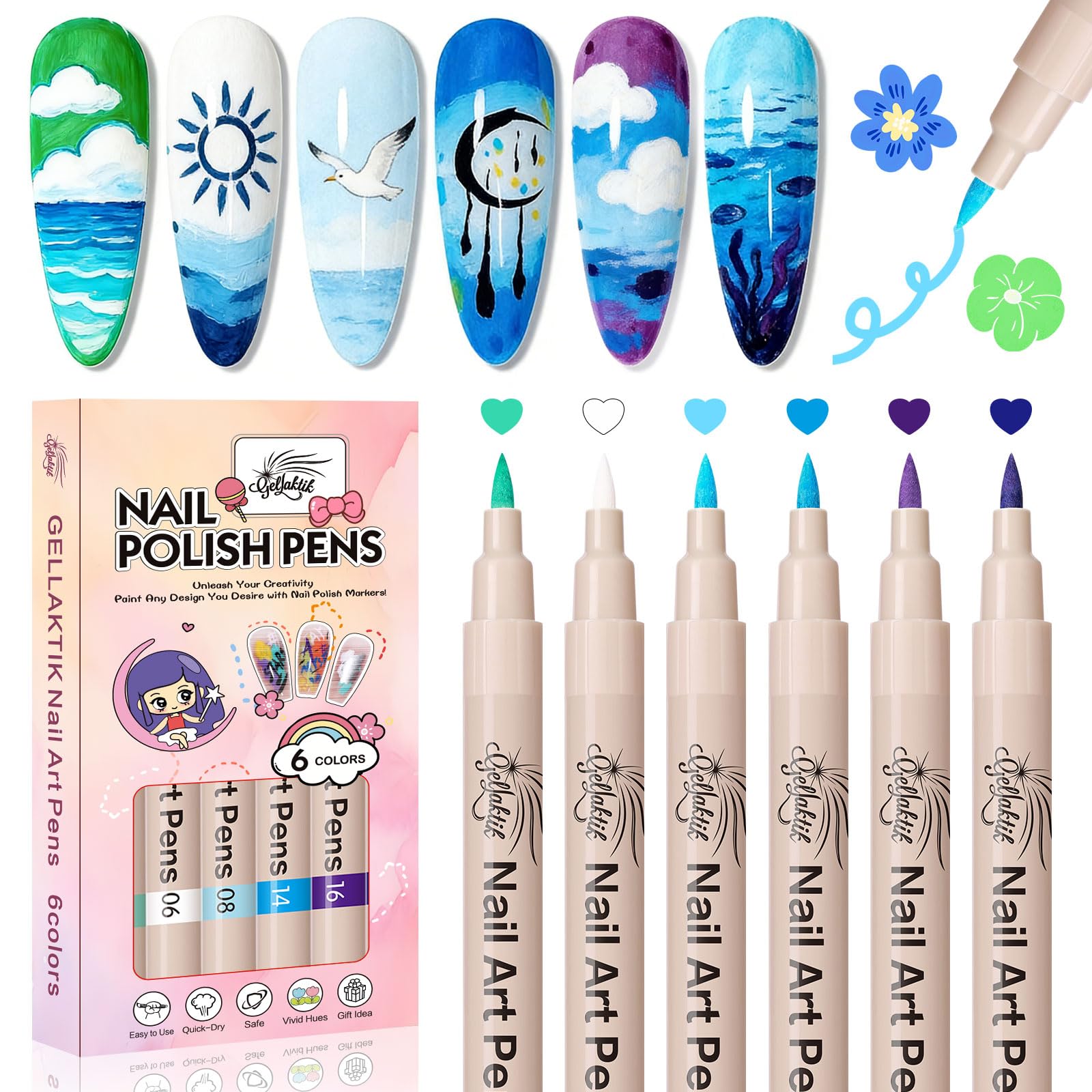 GELLAKTIK front packaging showing six-color nail art pen set, convenient travel-ready kit