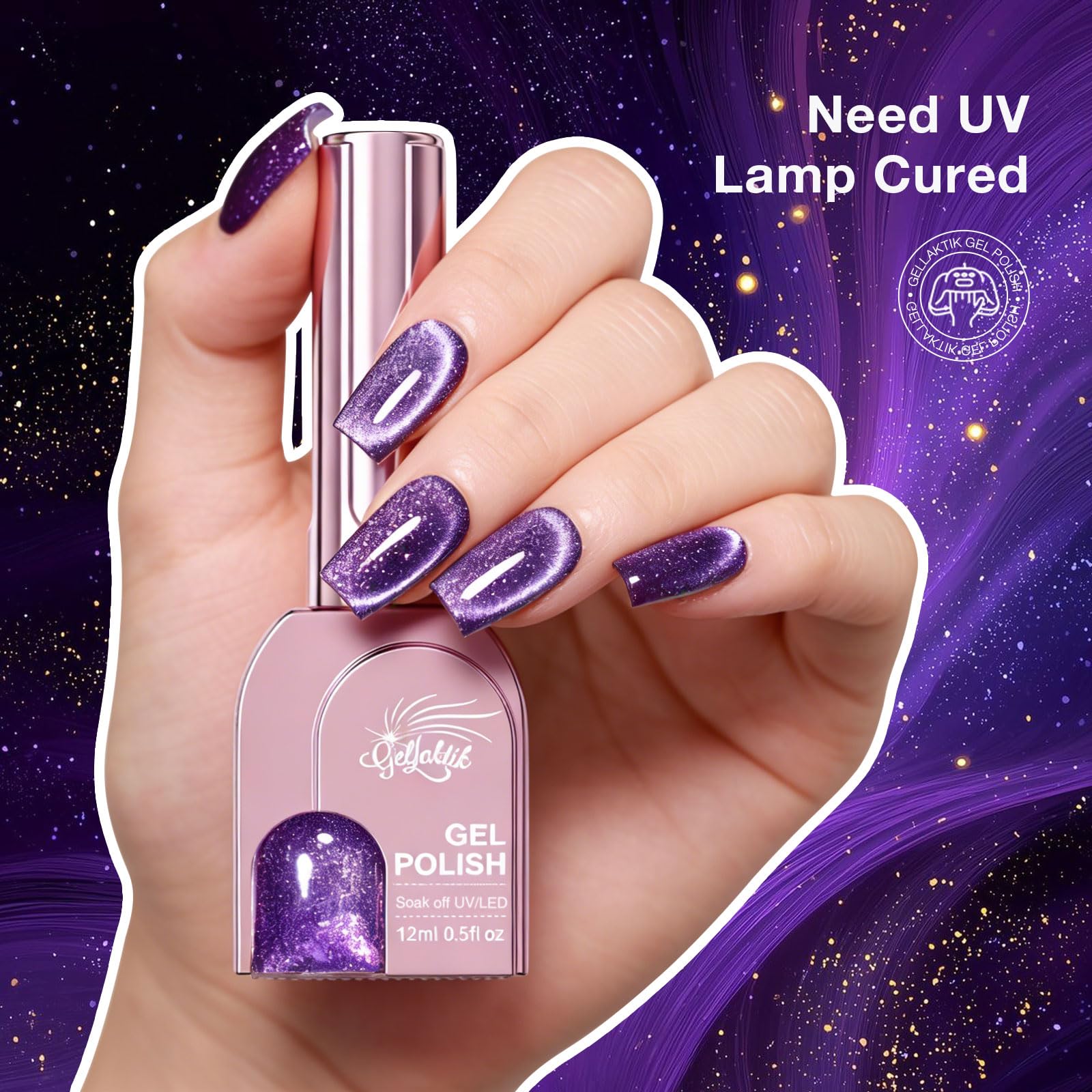 GELLAKTIK applied on nails with cured glossy cat-eye benefits shown