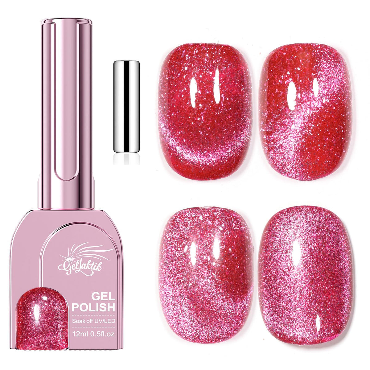 GELLAKTIK bottle front showing ruby pink magnetic gel and branding for vibrant color