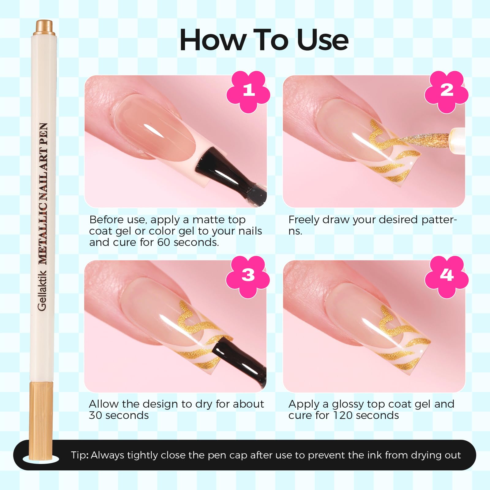 GELLAKTIK pen held next to a fingertip for scale to show compact size and ergonomic grip