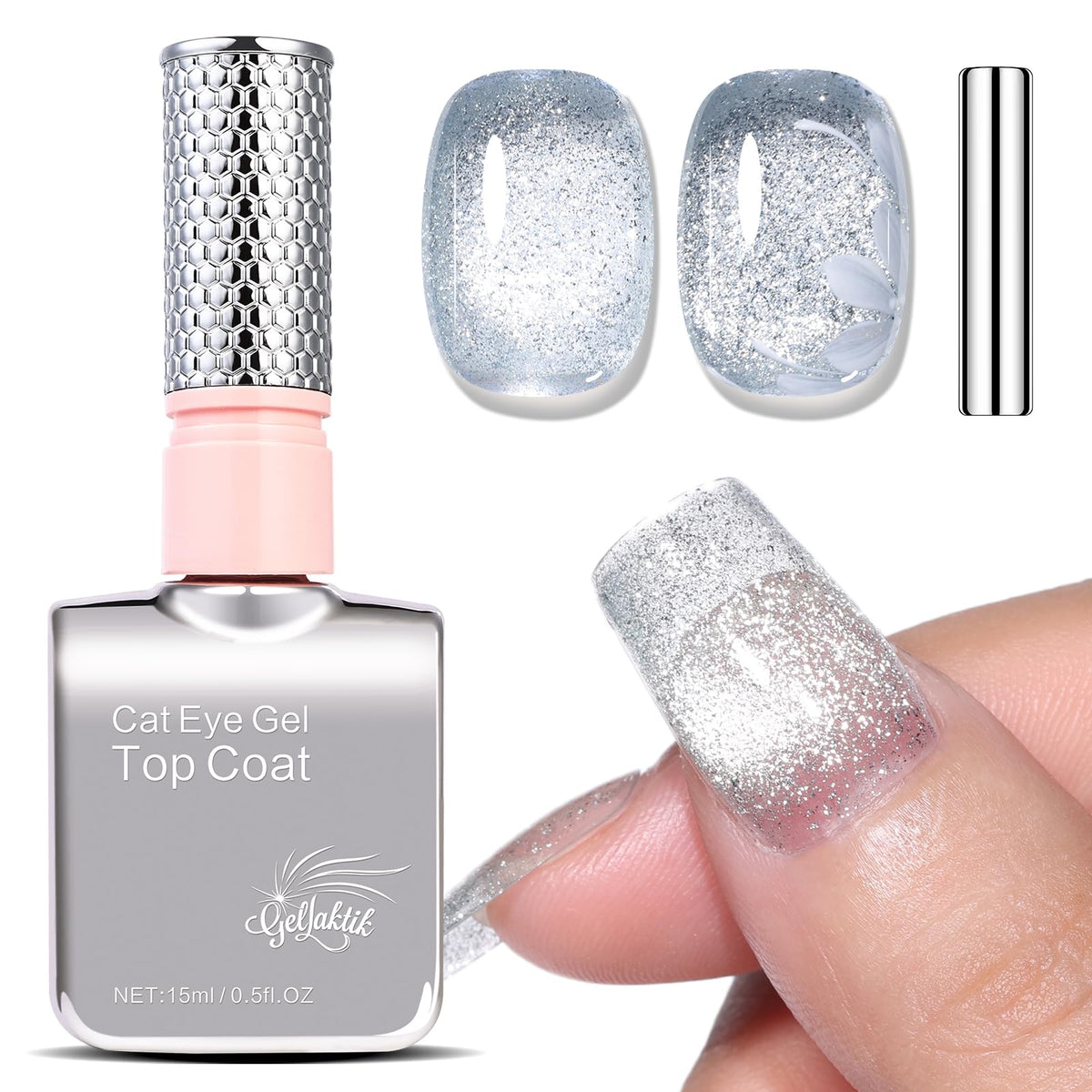 GELLAKTIK silver bottle front view showing sleek branding and quick application benefit