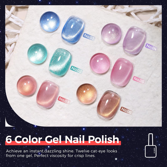 GELLAKTIK six bottles arranged to display color range for creative nail looks